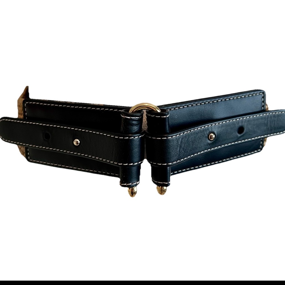 J. McLaughlin Black and Tan Wide Leather Waist Belt - Picture 4 of 7